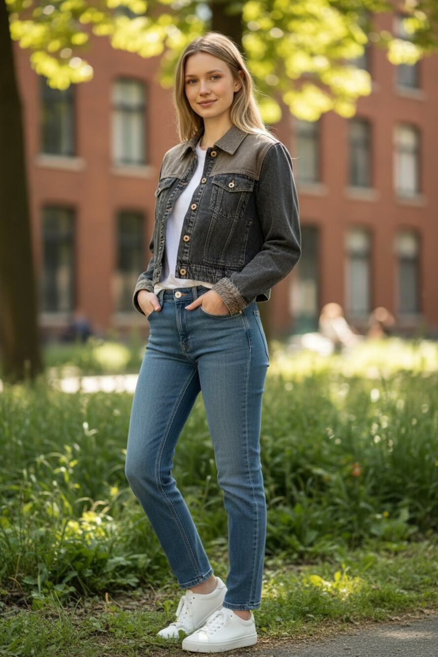 ZARA Denim Jacket Size L Gray Black Brown Cropped Long Sleeve Jean Jacket